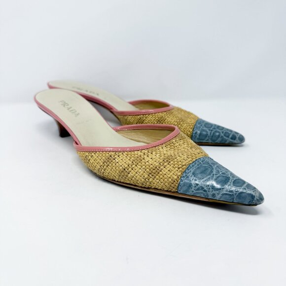 Vintage Y2K Prada Tan Raffia Pointy Toe Kitten Heels Women's 39.5 Made in Italy - Picture 1 of 9
